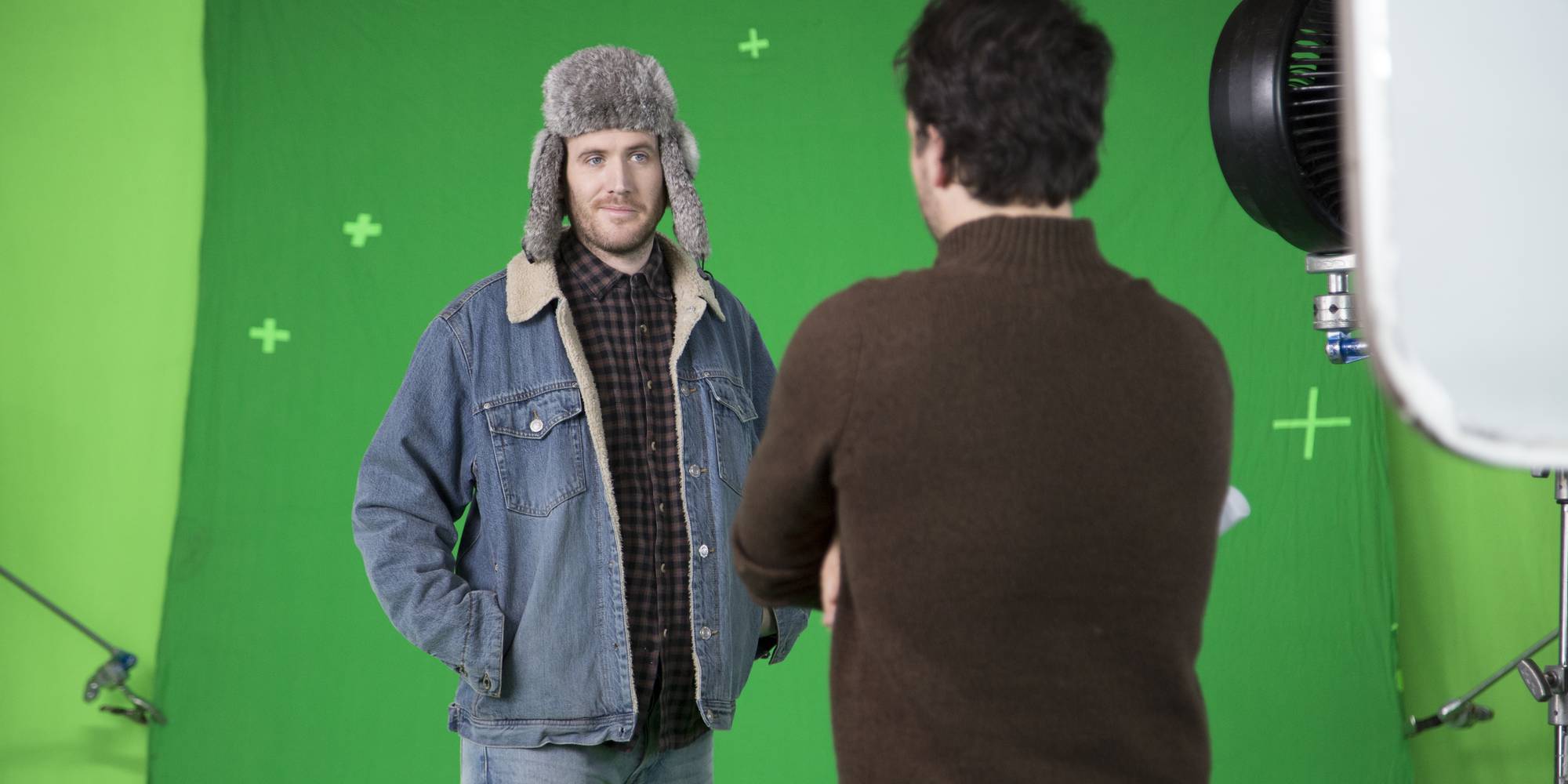 Director Geoff Manton discusses the scene with the talented WooHoo Guy